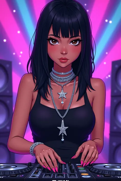 A drawing of an American DJ girl with straight black hair parted in the middle , brown eyes thin DJing with CDJ a silver necklace that has an eiffel tower pendant, Another pendant that has a star and another pendant that has a treble clef On a violet backg...