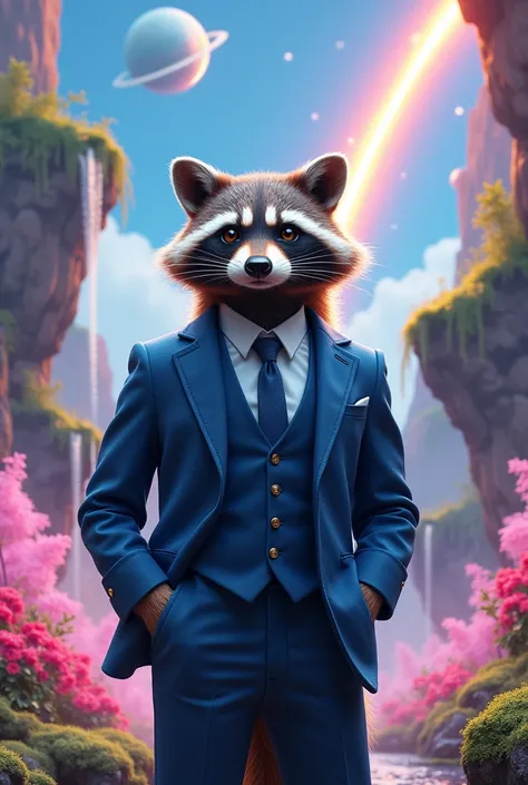 Surreal, fantasy-style digital artwork featuring a full-length raccoon dressed in a blue suit with a white shirt and tie, standing confidently in the foreground. The raccoon has a realistic appearance with detailed fur and expressive eyes. Behind him is a ...