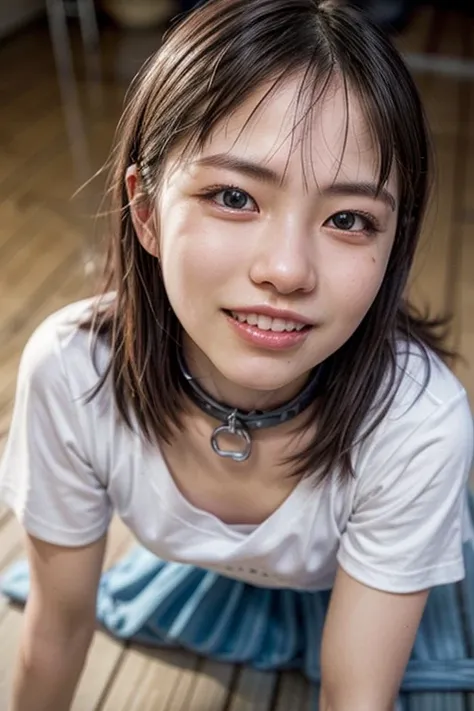 (nsfw:-2),(realistic, photo-realistic:1.4), (master piece, best quality), high resolution, extremely detailed, intricate details, sharp focus, solo, a Japanese female idol, (t-shirt,skirt), (face focus, all fours:1.2), (collar:1.25), big smile, detailed fa...