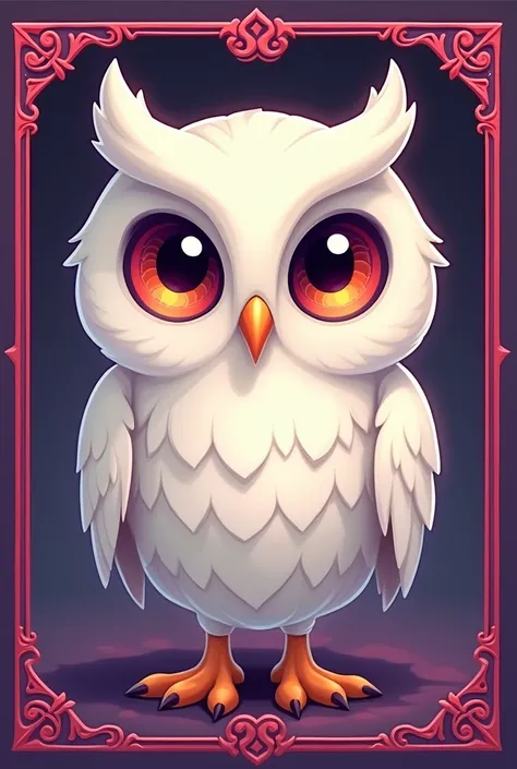 The card has a purple border, the four inner edges are light red with small patterns, in the middle there is a cartoon white owl with scary eyes.