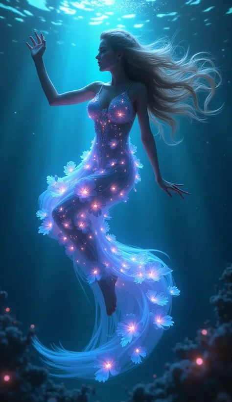 (masterpiece, best quality:1.2), (realistic), photorealistic, high quality, super detailed, 8K Ultra HD, beautiful and sexy Bioluminescent woman with a slim figure medium teardrop breasts, long hair, swimming, beautiful flowing Bioluminescent flowers formi...