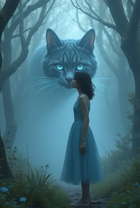 Against the backdrop of thick fog, like a mirage, a smiling Cheshire cat face appears. It glides smoothly over the head of a young brunette., dressed in an airy blue dress with a full skirt. Her hair, medium length, flutter slightly in the light breeze. I ...