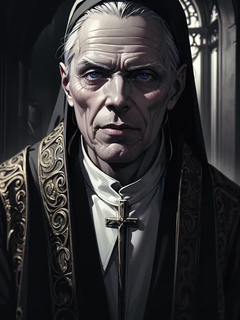 a very old and thin catholic priest, david bowie, detailed portrait, extremely detailed face and eyes, beautiful detailed wrinkles, ornate robes, intricate patterns, dramatic lighting, chiaroscuro, moody atmosphere, cinematic, dramatic shadows, high contra...