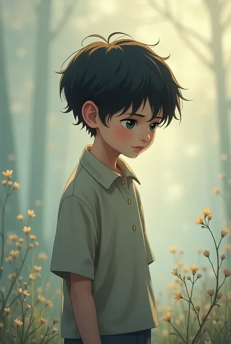 Beautiful boy cartoon alone with sad