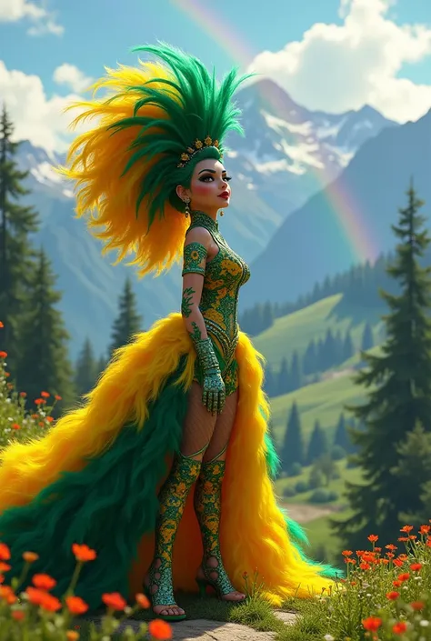 Create a burlesque drag queen in the colors of the Brazilian flag. She is in the Swiss Alps. The image must be a Pixar-style animation. Put a rainbow in the Alps.