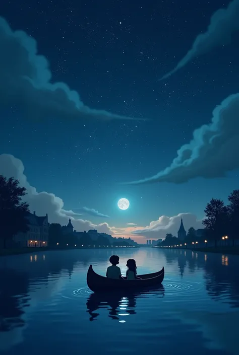 A starry sky in Paris, with two people in a canoe on a lake, a boy and a girl, only their silhouettes can be seen 