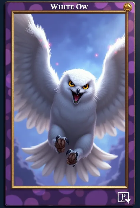 Magic card, the border of the card is purple, the four inside edges are light yellow, in the middle there is a picture of a majestic white owl swinging its wings, animated, angry, about to strike.