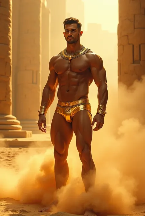 Sexy man in underwear. man in underpants. man with a big bulge in his crotch, man with a big bulge in his crotch. Muscle man, sexy. Sand dunes, ruins and desert. Egyptian god. Golden briefs. Gold underwear. wet man. Man posing under the sun, sexy man, gold...