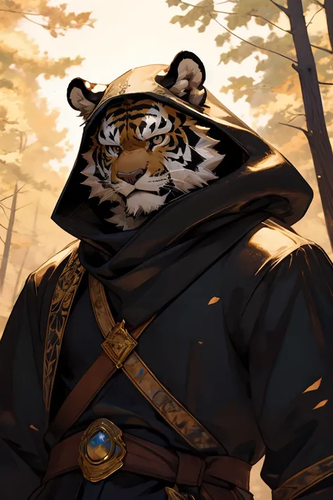 best quality，Ultra HD，Second Dimension，Close perspective，Upper Body，The most exquisite eyes［The most exquisite eyes：2.1］，Dark Forest，Holding a dagger in both hands pointing forward［Attack forward with a dagger in both hands：3.2］，Male black tiger，Physical f...