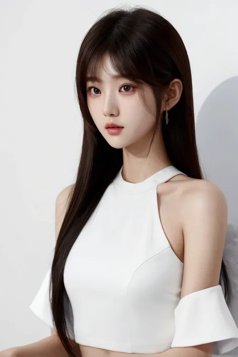 White Top, Salon Model, Korean model, Long hairstyle, Layered Cut, without bangs, white background, No exposure j