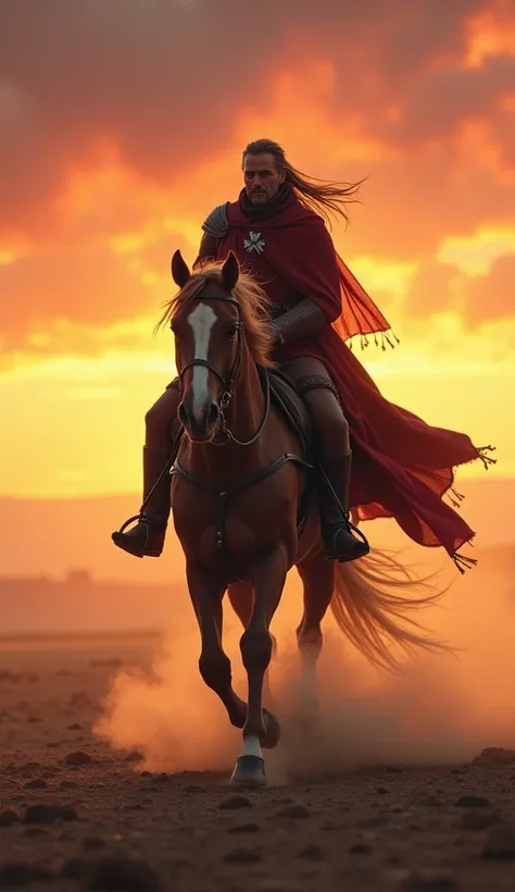 Depict Baldwin on horseback, his right arm useless at his side, while he skillfully guides the horse using only his knees. The horse is galloping across a dusty plain, with the wind blowing through Baldwins cloak. His posture is upright, exuding confidence...