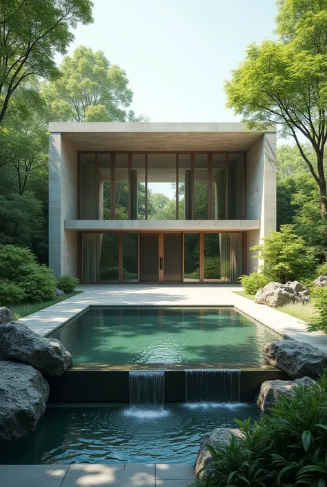 A building that is square-shaped with an open space in the middle and water falls that is also integrated with Nature 