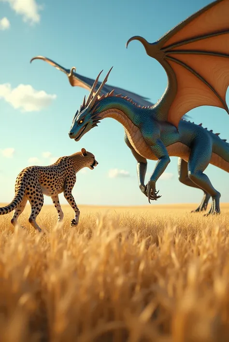 A sleek dragon and a lightning-fast cheetah face each other in a sunlit savanna. The dragon, with its iridescent scales and outstretched wings, hovers gracefully, while the cheetah, with its powerful muscles and blazing speed, crouches low, ready to sprint...