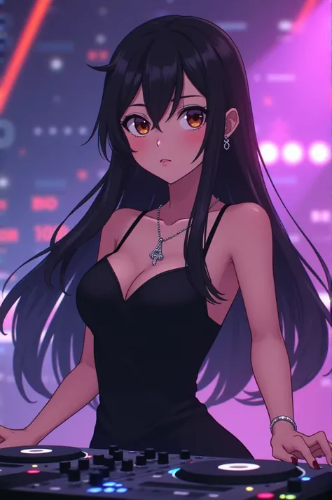 An animated photo of a DJ girl with long straight black hair and a part in the middle ,brown eyes and has a silver necklace with small Eiffel Tower charms, a little star and a silver treble clef She is wearing a black dress and is playing CDJs