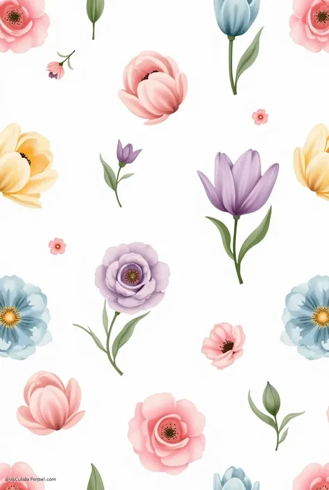 Create a customizable svg pattern with mini tulips and mini roses and mini watercolor roses in the colors Light Pink, Light Blue, Light Lilac and Light Yellow, on a white rendered background