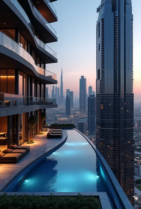 &#39;a luxurious dream apartment&#39;, ultramoderne design, de style penthouse, dark design, nestled atop Dubai&#39;s skyscrapers, with huge floor-to-ceiling windows that offer breathtaking panoramic views of the city, and designer infinity pool perched ma...