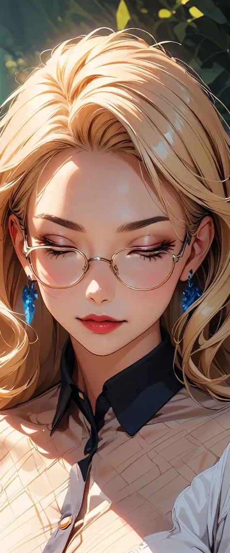 slightly curled hair, narrow-rimmed glasses, / Note Lilac Earrings, Mouth slightly closed, Red lips, Surrealism, Attention to detail, Strong chiaroscuro, Film grain, Panorama, Ultra-high resolution, Accurate, Textured skin.