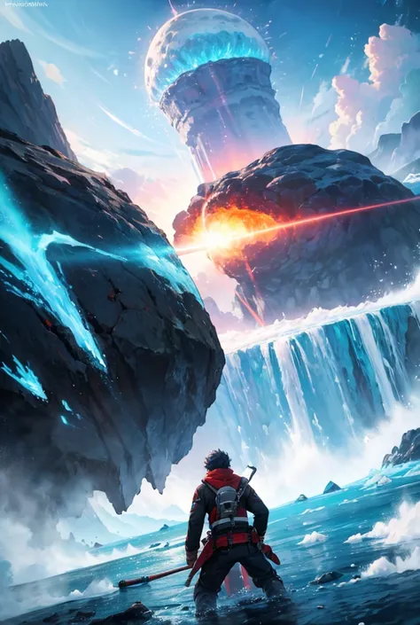 The moment of collision between a fire meteorite and giant ice berg, action painting, high quality, anime stlye 