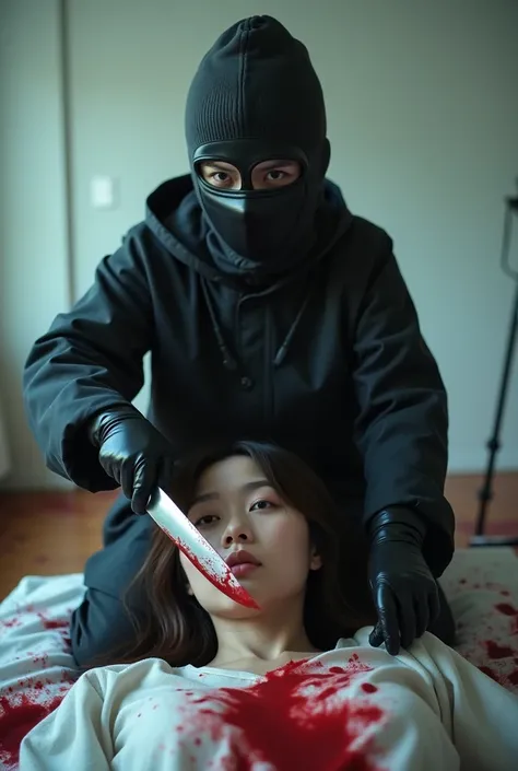 korean girl, (behind stiff, holding knife), stabbing, leather balaclava mask, black gloves, bloody room, black raincoat, bloody knife, black gloves, woman on top, white room, behind cadaver, blood splatter, on the bed, looking at viewer, mass murderer, kil...