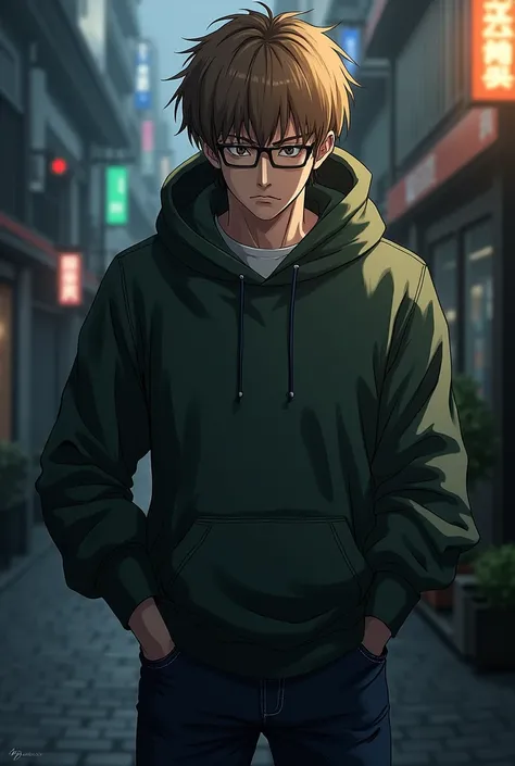 Nishio Nishiki from Tokyo Ghoul。Light brown hair。Glasses。Mature、A mean-spirited atmosphere。Narrow eyes。wearing a hoodie and jeans。Looking down on people。Age: 30s。