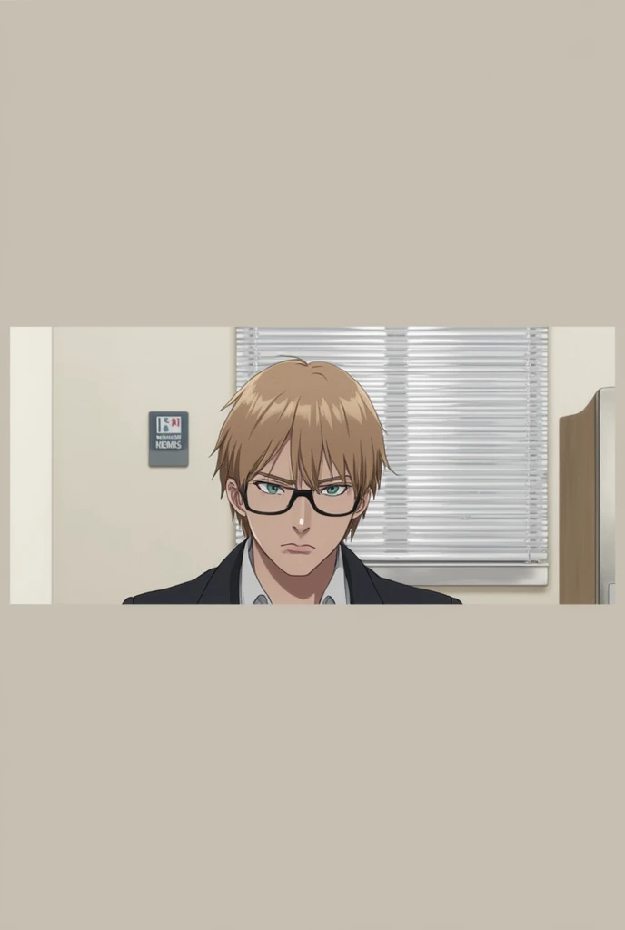 Nishio Nishiki from Tokyo Ghoul。Light brown hair。Glasses。Mature、A mean-spirited atmosphere。Narrow eyes。Casual clothing。Looking down on people。