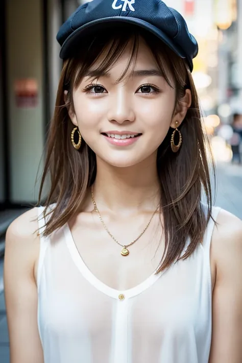 (masterpiece), (photo realistic:1.3), 14才, one young japanese girl, puffy face, (broad jawline:1.2), shiny skin, detailed skin, ((no makeup)), (wearing caps:1.2), light brown hair, (messy hair), symmetrical hair, short Bob Cut, (laugh out loud),  ,casual w...