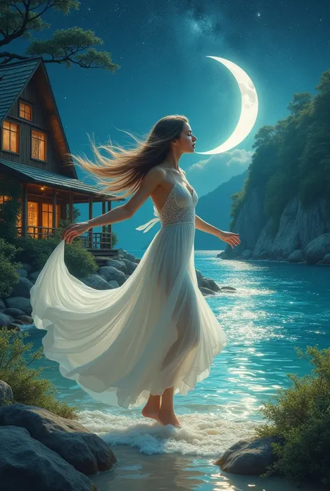 Beauty Girl dance, wood home, sea, star, moon, forest, all in one