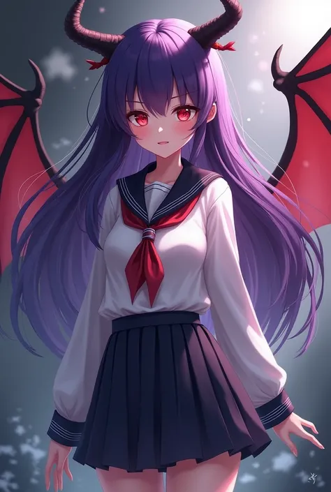 Draw a succubus with purple hair and a schoolgirl outfit with an anime look and red eyes 

