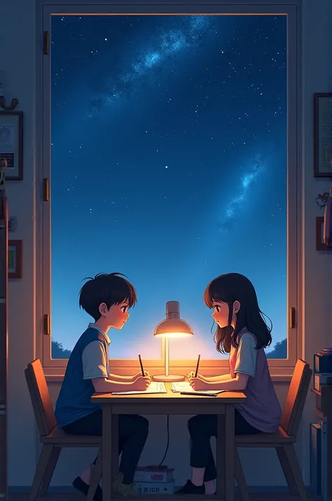 A boy and a girl  working alone on a desk bright star at the background night 