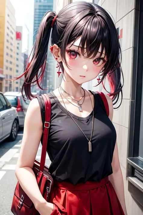 Red sleeveless shirt、Girl wearing a white mini skirt。Her hairstyle is medium length and half-up.。Hair color is black。Normal size chest。There are multiple piercings in the ears。Wearing a silver necklace。