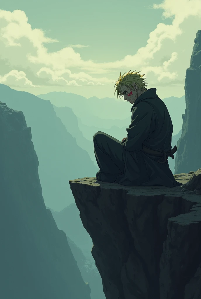 Tired and morally broken samurai with a disfigured face, blond, , sits on the edge of a cliff and looks into the distance in anime style