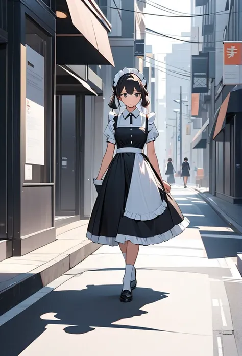 
Minimalist, A girl dressed in a maid outfit walks through the city&#39;s shopping district、The shadows of girls are layered on top of each other、The girl has red hair in twin tails.、Maid hair ornament on head、Wearing a mechanical barrette、She is wearing a...