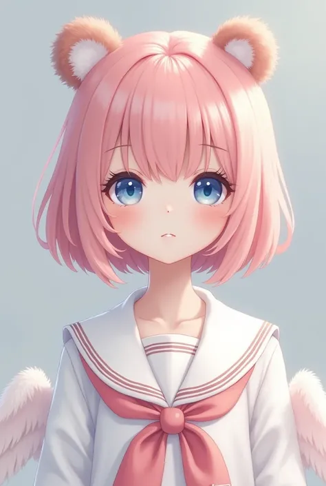 skistyle, 1girl, solo, pink hair, animal ears, blue eyes, wings, looking at viewer, mole, bangs, short hair, bow, sailor collar, simple background, white sailor collar, mole under mouth, hair bow, pink bow, closed mouth, shirt, white shirt, bear ears, bob ...