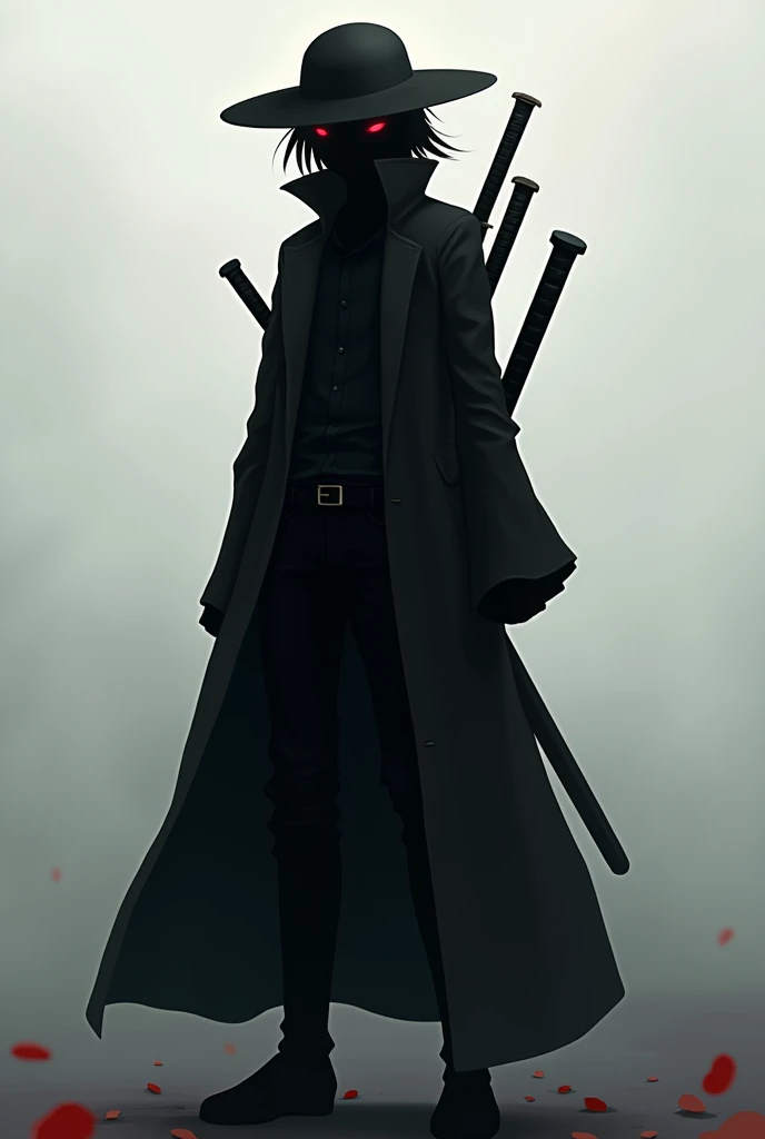 Has a round hat with no face black clothes with two swords on the back anime character black pants