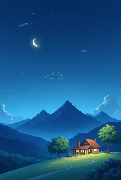 An anime drawing with a house, two mountains, three tree, two clouds, at night and a moon