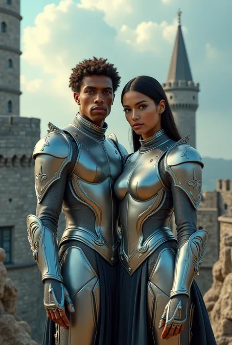 Desenhe a capa do single rush (feat. Dua Lipa),I want a young brown man with short curly hair and her together on top of a castle I want me and her to wear Jean Paul&#39;s armor 