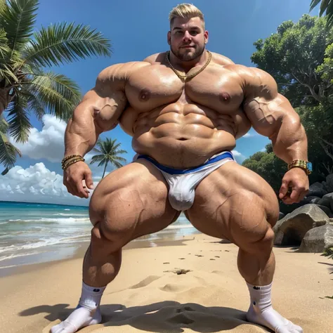 full view full body one white over-muscular young Behemoth man with over-inflated and over-bloated enormous huge shoulders, pecs, biceps, abds and legs, with platinum-blond undercut haircut, in white lycra singlet and white socks, no shoes, dozens of golde...