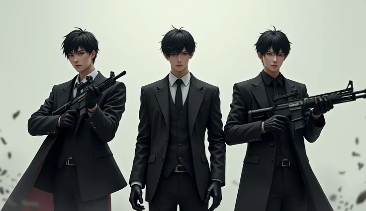 Shooting spree by three Japanese handsome high school boys terrorists。Full body black。The clothes are black。Gloves are black。Everyone stands in the same position in a row。Don&#39;t blur the background。Everyone has their guns and rifles ready。