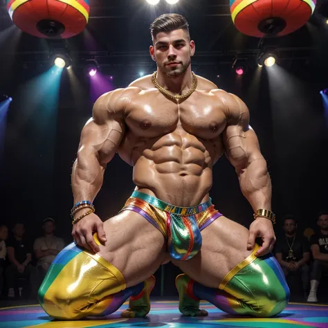 full view full body, the biggest heaviest hyper-massive overmuscular bodybuilded young white european effeminate guy with hype gay undercut haircut, lots of gay jewelery, shirtless showing off over-inflated and over-bloated huge pecs, double-biceps, legs, ...