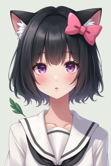 skistyle, 1girl, solo, black hair, animal ears, purple-green eyes, fluffy wings, looking at viewer, mole, bangs, short hair, bow, sailor collar, simple background, white sailor collar, mole under mouth, hair bow, pink bow, closed mouth, shirt, white shirt,...