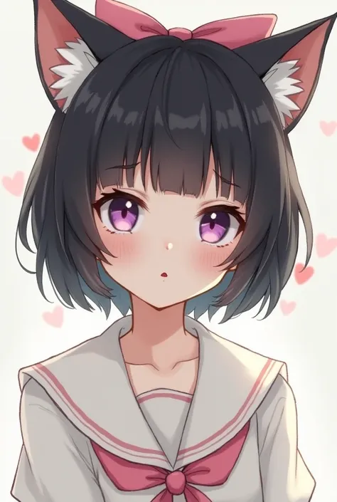 skistyle, 1girl, solo, black hair, animal ears, purple-green eyes, fluffy wings, looking at viewer, mole, bangs, short hair, bow, sailor collar, simple background, white sailor collar, mole under mouth, hair bow, pink bow, closed mouth, shirt, white shirt,...