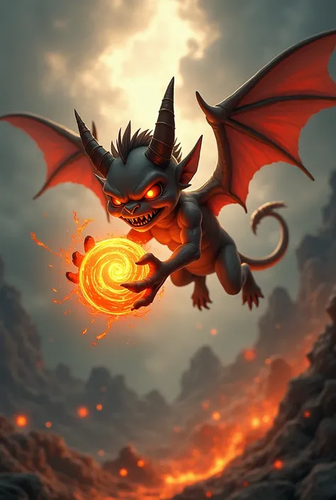 little demon flying and holding fire falling from the sky