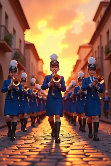 Students from the school band marching in their blue uniforms on a cobblestone street with an orange sky, estilo 3d