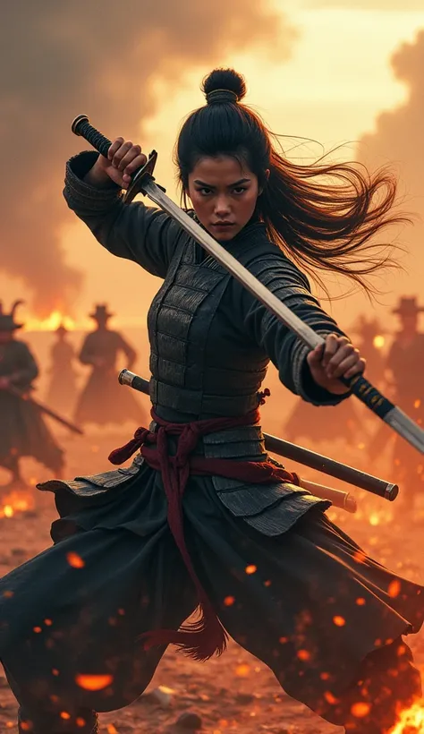 Japan Female Samurai、Female warriors of the Sengoku period、Intense battle scenes、There are a lot of people fighting around、There are flames all around、Presence。Genuine、Genuine、２５age、Black Hair