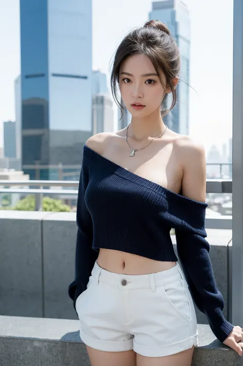 serious, straight mid-length hair, navy blue cropped sweater with white number 8, vibrant red shorts, silver necklace, relaxed standing pose, looking into the distance, clear smooth skin, rooftop urban environment with cityscape and skyscrapers, bright day...