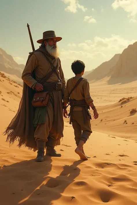 **Journey Through the Desert**: The Alchemist and Santiago travel through the desert, where Santiago learns deeper lessons about life, alchemy, and understanding the world.Young man and old mam