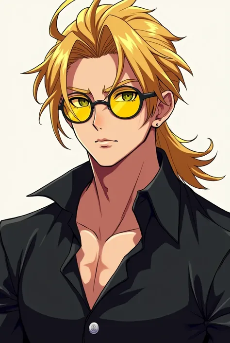 A guy with mullet haircut and yellow Verity glass in anime handsome black shirt