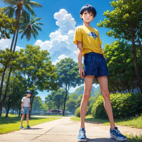  boy stands by tree, playfull, beely free, jung, blue short hair, boy wears shorts, 