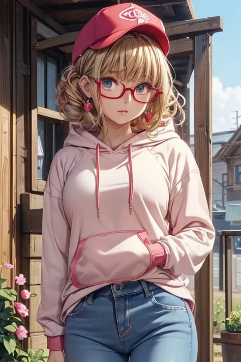 Girl posing for a photo, animeのcute女の子, ((One Girl)), ((Baby Face:0.9)), ((cute:1.1)), 
break 

#Clothing Accessories 
((Pink long pullover hoodie:1.3)) + ((Long blue denim jeans:1.2)) + (Red sneakers) + ((Blue Trucker Hat:1.2)) + ((Large red framed glasse...