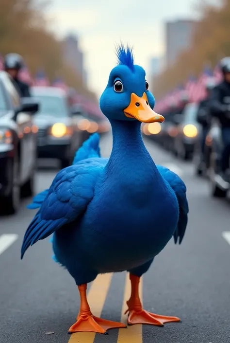 Blue duck in a big political motorcade 